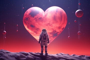 Astronaut with Heart-Shaped Spaceship on the Romantic Planet Background. Copy Space for Valentine's Day Banner or Poster.