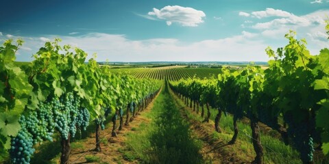 Naklejka premium healthy vineyard in summertime. gentle hills in the background. harmonic styled image. 