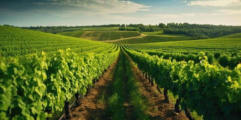 healthy vineyard in summertime. gentle hills in the background. harmonic styled image.  - obrazy, fototapety, plakaty