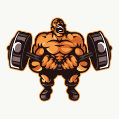 Muscular man lifting weights retro illustration mascot