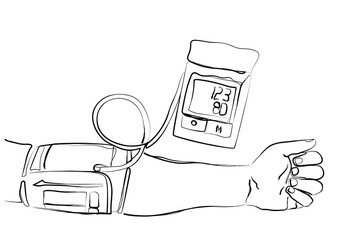 hand drawn line art vector of an arm with Blood Pressure Apparatus tied on it. Healthcare and wellness. Hypertension awareness.