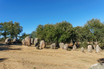 Almendres cromlech ancient prehistoric stone circle is the most important of the iberian peninsula near Evora, Alentejo, Portugal