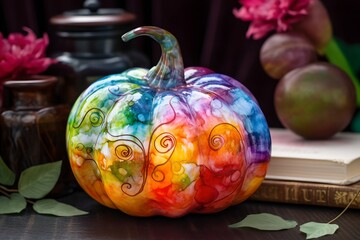 Colorful glass pumpkin decoration.