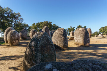 Almendres cromlech ancient prehistoric stone circle is the most important of the iberian peninsula near Evora, Alentejo, Portugal