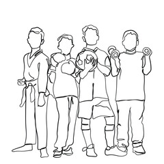 hand drawn line art vector of Sports and activities for children. Group of joyful boys and a girls engaged in various sports posing together. Education. Isolated over white background. - obrazy, fototapety, plakaty