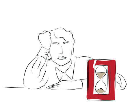 recommend clip art: hand drawn line art vector of a young man staring the time piece.clock is ticking vector art. hand drawn line art vector of a young man looking at an hour glass. business urgency and time management