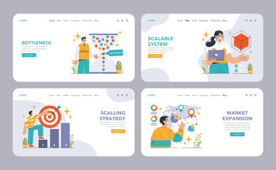 Fototapeta na wymiar Scaling Strategy concept. Steps to successful business growth, featuring target achievement and efficiency. Business development, market reach, and cost-effective operations. Flat vector illustration