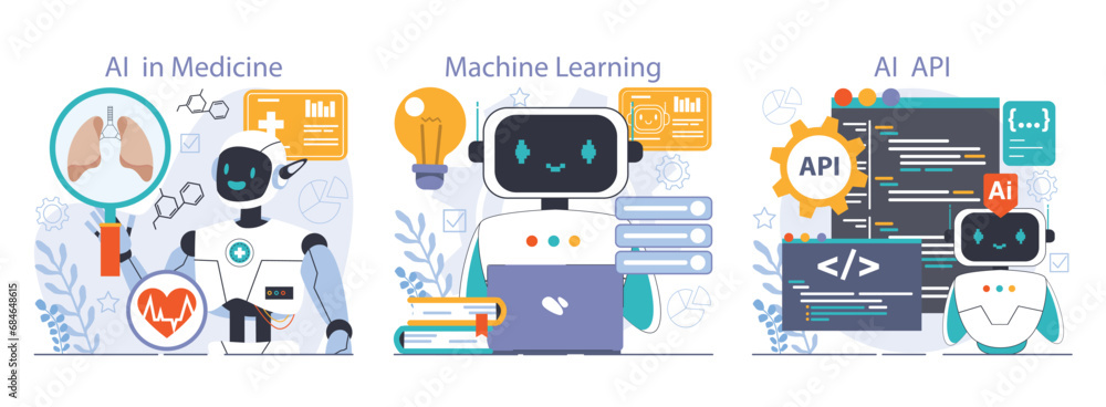 Poster ai integration set. artificial intelligence and human synergy. neural network assistance and robotiz