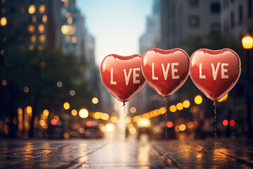 Red Balloons with the Word LOVE Written in the City Street Bokeh Background for Valentine's Day and...
