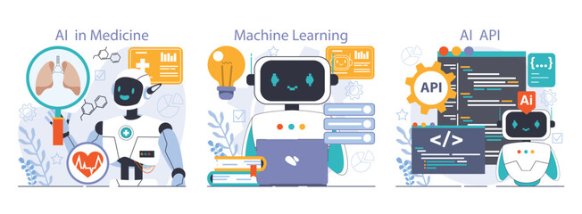 Ai integration set. Artificial intelligence and human synergy. Neural network assistance and robotization of life. Self-learning computing system processing big data. Flat vector illustration