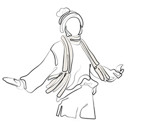 hand drawn line art vector of a woman dressed in a baggy sweater . winter clothing vector art. continuous line art.