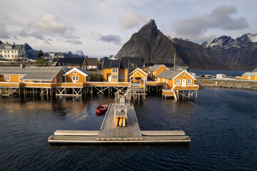 Aerial top down of the fishing village of Hamnoy in Lofoten, Norway.  Shot on a drone located in...