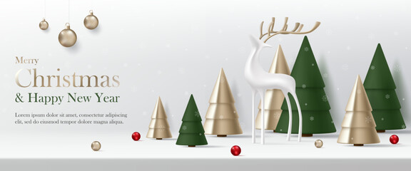 3D Vector Merry Christmas banner. Happy New Year with reindeer, green and gold christmas tree background. Luxury modern minimal style, decoration party, invitation greeting card, backdrop, wallpaper