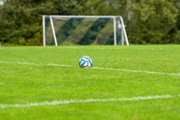 Soccer field with ball on the line. Grass field with goal in the background. European soccer pitch