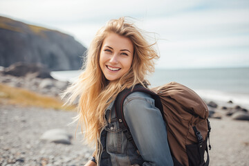 Beautiful young woman on a beach with backpack
