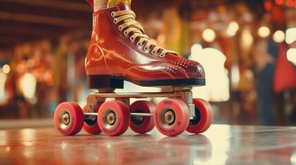 An up-close shot of a retro roller skate, emphasizing its old-school aesthetics and retro appeal on camera - obrazy, fototapety, plakaty