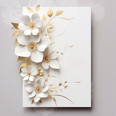 solemn white card for congratulations with luxurious white and gold flowers. Mockup for filling - obrazy, fototapety, plakaty