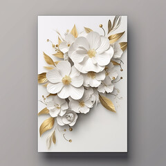 solemn white card for congratulations with luxurious white and gold flowers. Mockup for filling