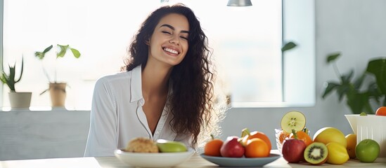 Attractive Latino woman enjoying healthy food at home focusing on wellness and weight loss copy space image - obrazy, fototapety, plakaty