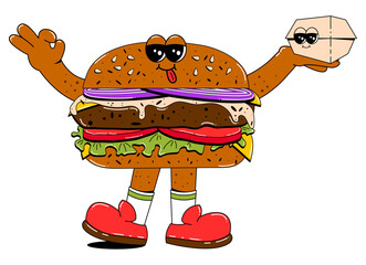 Obraz premium Burger character in retro cartoon style. Hamburger with funny facial expression, arms and legs. Fast food character vector illustration in flat style.
