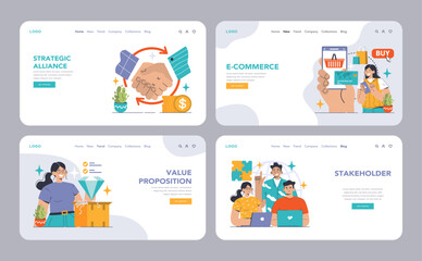 Fototapeta na wymiar B2B commerce web or landing set. Business characters engaging in online shopping, strategic alliances, CRM, and lead generation. Value proposition, stakeholder interactions. Flat vector illustration