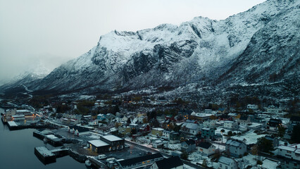 Aerial Drone of Gryllefjord in Lofoten, Norway.  A small fishing village in the Arctic Circle of...