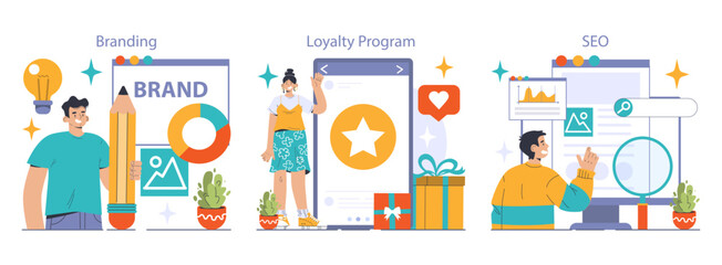 Business Concepts set. Seamless procurement process, engaging B2B marketing strategies, and compelling value proposition. Shopping, data analytics, diamond offer. Flat vector illustration