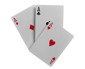 Flying playing card for poker and gambling, three aces isolated on white, clipping path