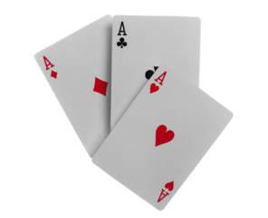Flying playing card for poker and gambling, three aces isolated on white, clipping path