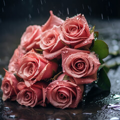 close-up of a delicate festive bouquet of roses lying on the road in the rain