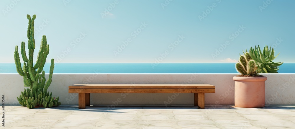 Poster bench with cactus in corner of mediterranean desert house s patio copy space image