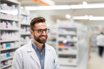 Fototapeta na wymiar Smiling portrait of a handsome pharmacist in a pharmacy