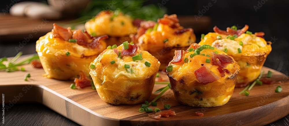 Poster breakfast on the go idea bacon and cheddar egg muffins recipe copy space image