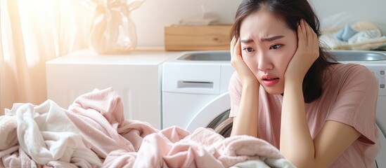 Asian woman with unpleasant expression after doing laundry due to dirty and musty smelling clothes copy space image - obrazy, fototapety, plakaty