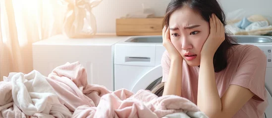 Poster Asian woman with unpleasant expression after doing laundry due to dirty and musty smelling clothes copy space image © vxnaghiyev