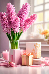 Mother's Day or Women's Day greeting card. Bouquet of Hyacinths and gift boxs.