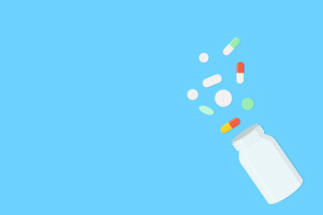 Medical pills and bottle blue flat vector background