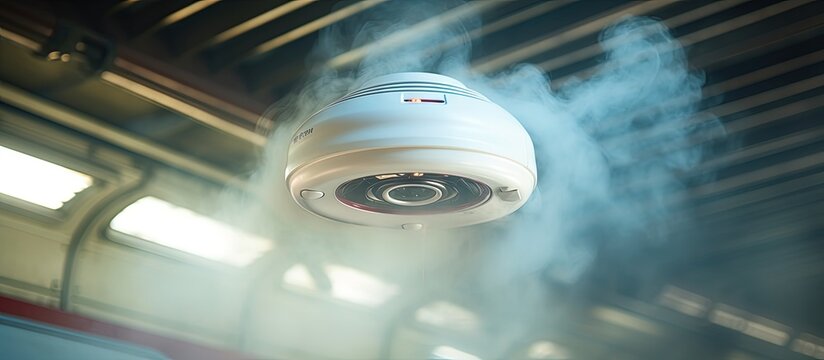 Close up photo of ceiling mounted train smoke detector copy space image