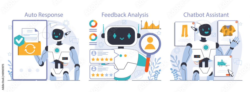 Poster chat bot set. ai-powered customer service. online consultation with artificial neural network. artif