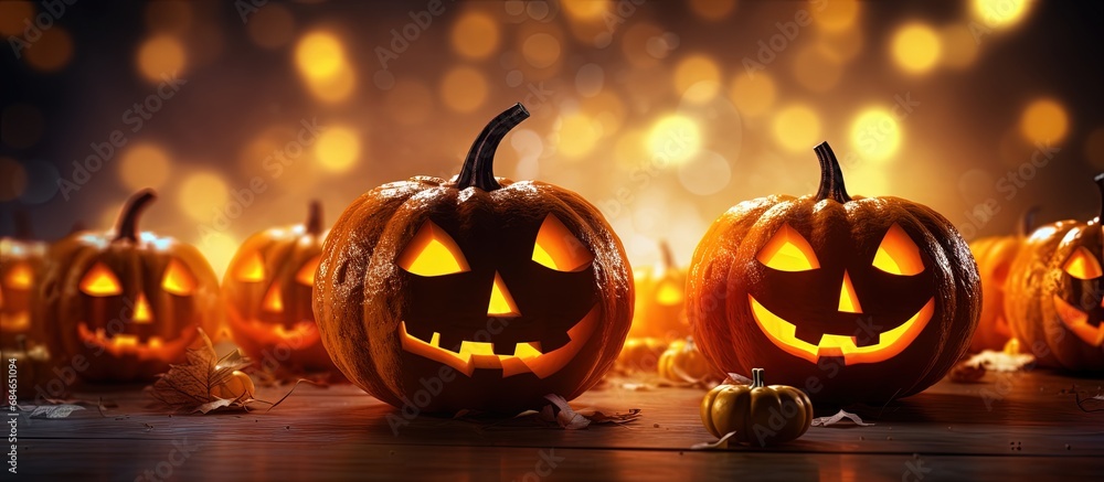 Poster abstract halloween party with defocused shiny background and happy pumpkins copy space image