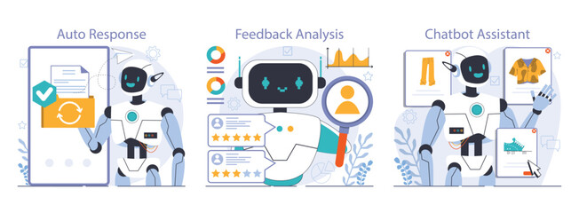 Chat bot set. AI-powered customer service. Online consultation with artificial neural network. Artificial intelligence virtual assistant. Flat vector illustration