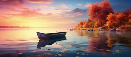 Colorful boat in a lake landscape copy space image
