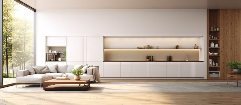 Contemporary open living area with white kitchenette copy space image