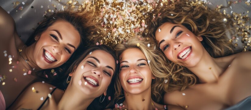 Bachelorette party with elated ladies having a great time together lying on bed upside down surrounded by confetti fun copy space image