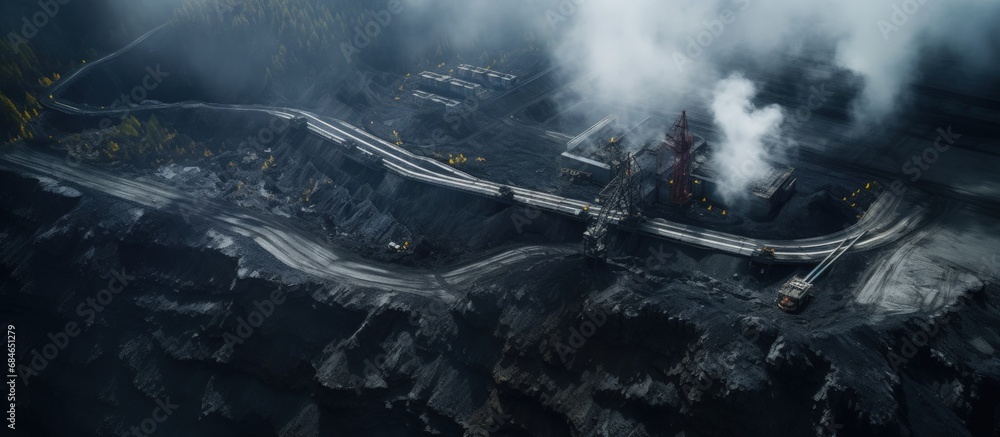 Aufkleber bird s eye view of a belt carrying coal near a power plant aerial perspective of coal mining copy sp