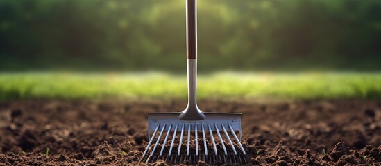 A long handled tool with spaced tines for leveling soil and preparing the ground copy space image - obrazy, fototapety, plakaty