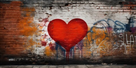 brick wall with graffiti in the form of a heart and inscriptions, concept of valentine's day, street creativity, paints