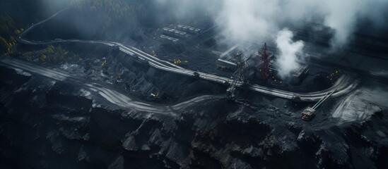 Bird s eye view of a belt carrying coal near a power plant aerial perspective of coal mining copy space image