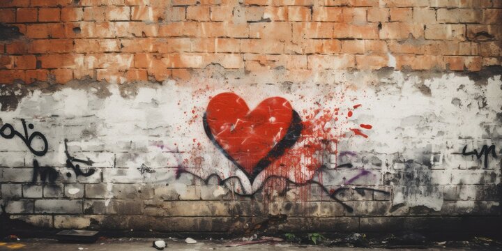 brick wall with graffiti in the form of a heart and inscriptions, concept of valentine's day, street creativity, paints