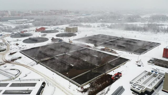 Water treatment resevoirs and pools high angle view